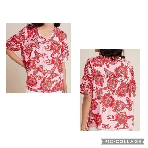 VINEET BAHL ANTHROPOLOGIE Women’s Pink Red Embroidered Short Sleeve INGE Top S - Picture 1 of 8